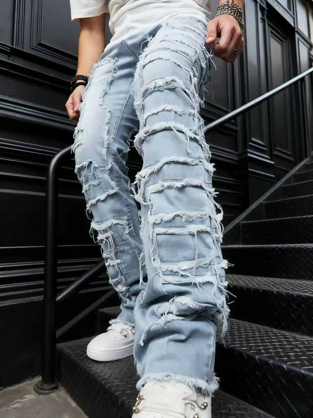 

Men's Stacked Jeans Distressed Ripped Patched Frayed Denim Pants Y2K Grunge Hip Hop Streetwear Trousers