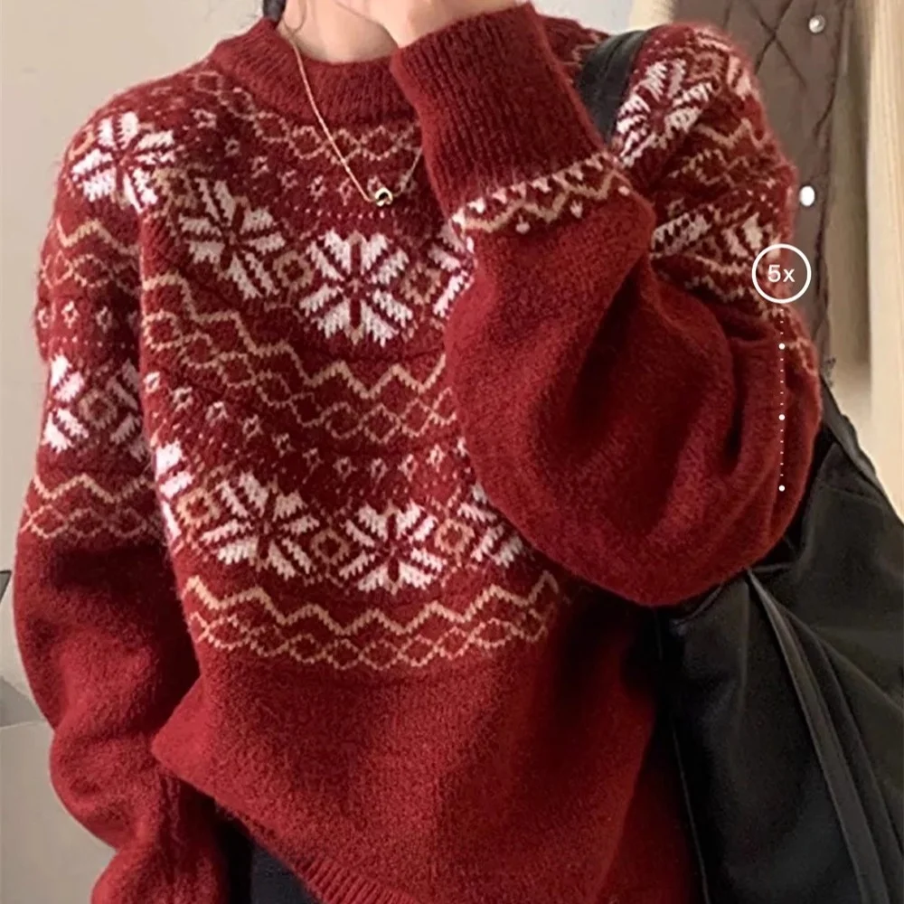 

Ladies Thiened Knitted Large Sweater Embroidered Loose Nordic Sle Youthful Mermaid Patterned Casual round Ne Top