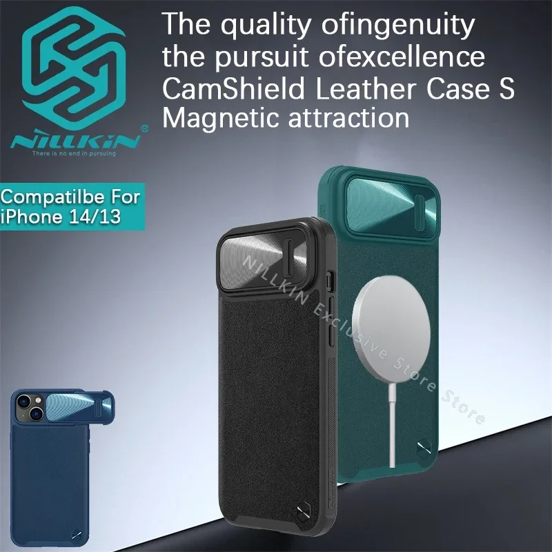 Nillkin For iPhone 14 Pro Max/14+/14 Plus/13 CamShield Leather Magnetic Case S Lens spring slide cover protective case phone cas