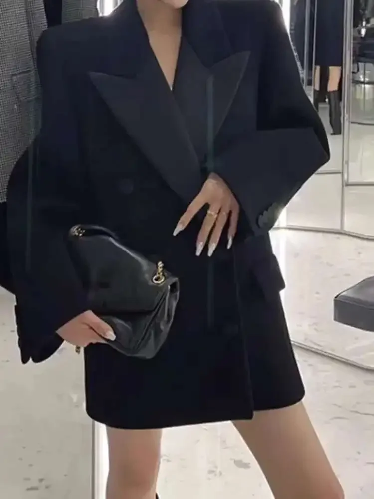 

Elegant Blazer Coat European Style Lapel Double Breasted Black All Match Mid Length Jacket Women Spring Autumn 2025 New