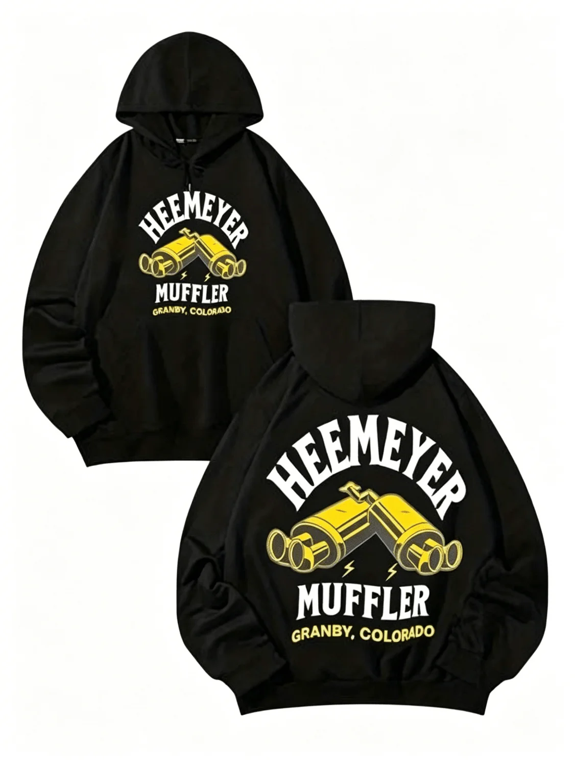 Men Front & Back Print Hoodie, Heemeyer Muffler Exhaust Pipe Mechanic Graphic Hooded Sweatshirt, Auto Repair Vintage Casual Loose Pullover Hoodie