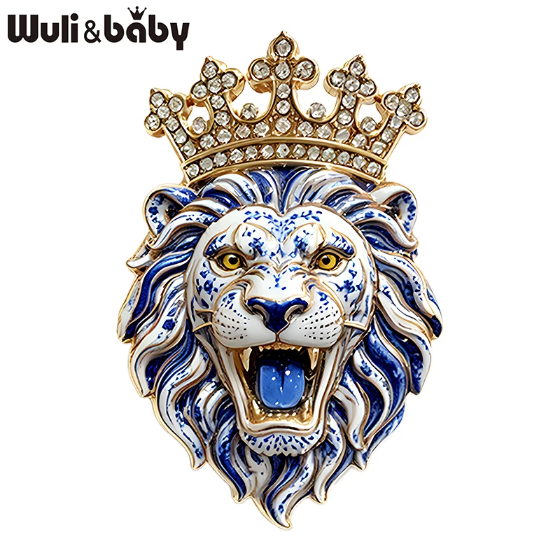 Wuli&baby Coole Löwen-Broschen für Damen, Unisex, 3-farbig, mit Strass-Krone, König der Tiere, Büro-Party-Broschen, Geschenke – Detail 2