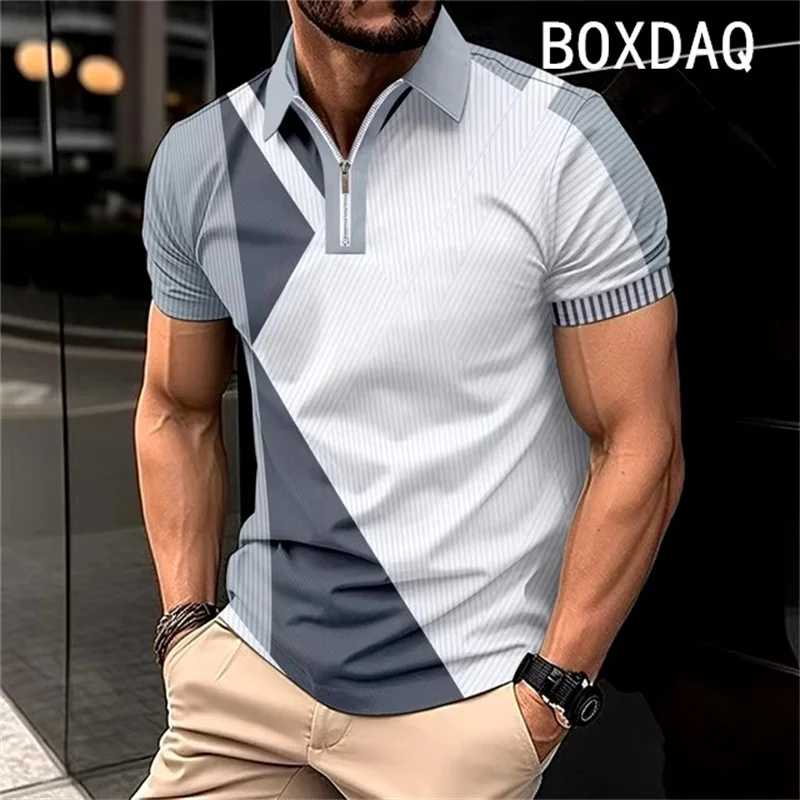 Men\'s Summer Short Sleeve Lapel Zipper Collar Polo Shirt Fashion Minimalist Casual Polo Shirt 3D Color Splicing Polo Shirt Tops