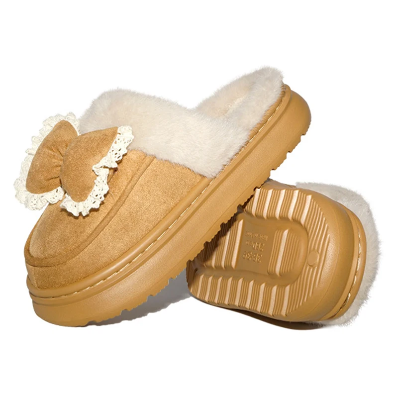 Belle pantofole con plateau soffici bowknot da donna suola spessa antiscivolo scarpe in cotone per la casa donna comode scivoli in peluche caldi femminili