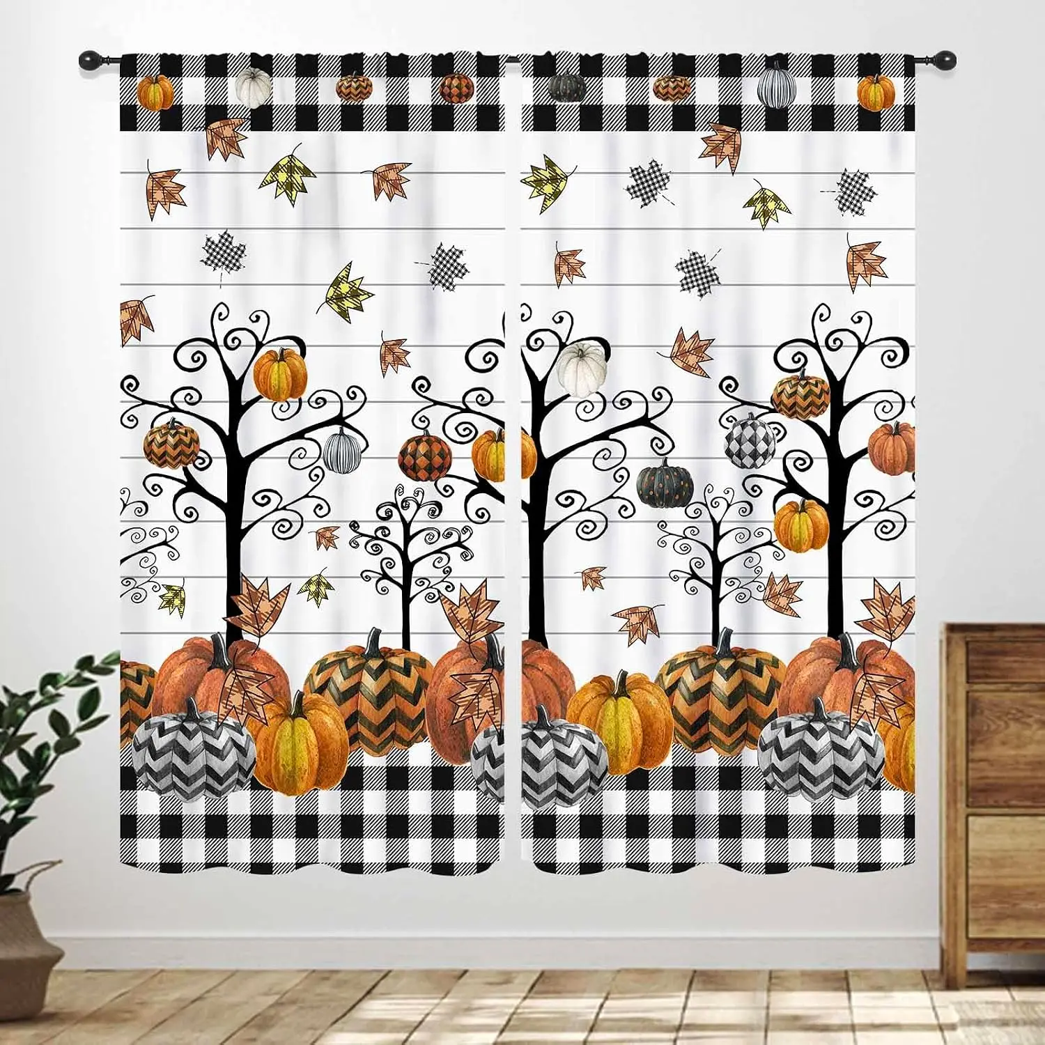 Vintage Fall Harvest Chevron Pumpkin Pattern Print Blackout Rod Pocket Curtain Warm Autumn Zen Luxury Homestay Bedroom Rest