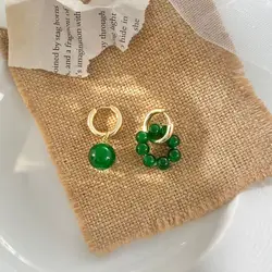 Daily Sweet Fashion Design Green Bead Lady Temperament Ear Buckle Women Hoop Earrings Korean Jewelry Accessories Alloy