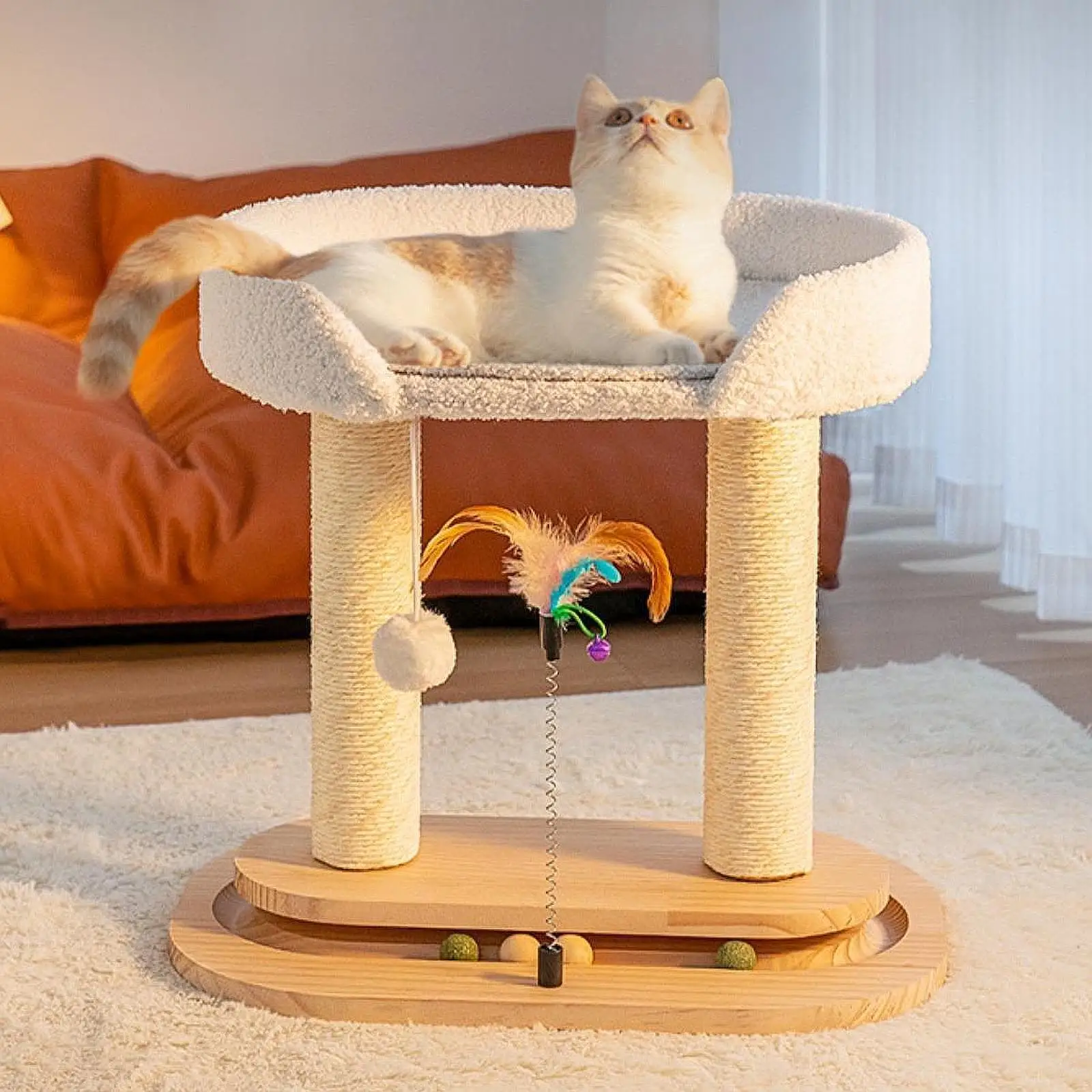 Cat Scratcher Tree Double Levels with Ball Interactive Toy Cat Bed Cute Furniture Protector Grind Claws Modern Wooden Cat Tree