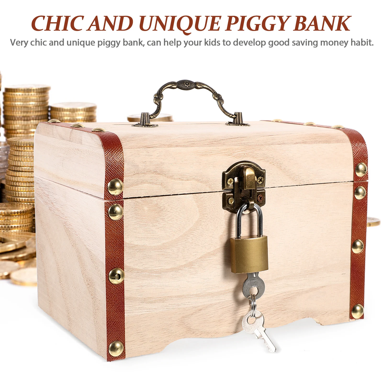 1 قطعة صندوق الكنز الخشبي مع قفل صديقة للبيئة الخشب الحديد عملة صندوق للأطفال توفير المال عادة ديكور المنزل الفريد هدية #3