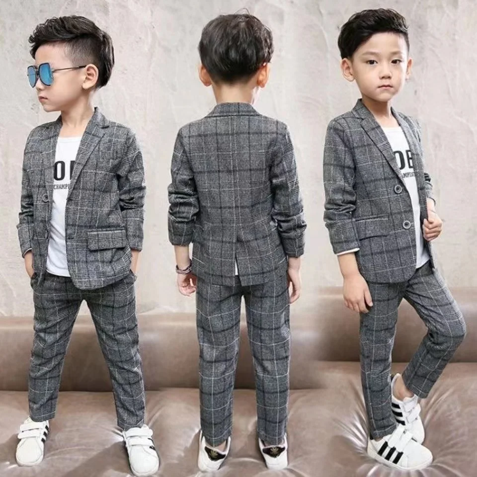 2024 New Autumn spring Baby Boys Clothes Set Plaid Gentleman Top Jacket + Pants Outfits Suit Teenager 4 5 6 7 8 9 10 11 12 Year