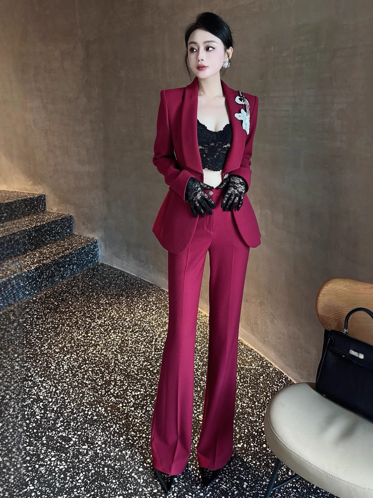 

Fashionable Anti-Aging Professional Women's Suit Set Design Sensation Wide Leg Pants Outfit Polyester Fiber Long Sleeve