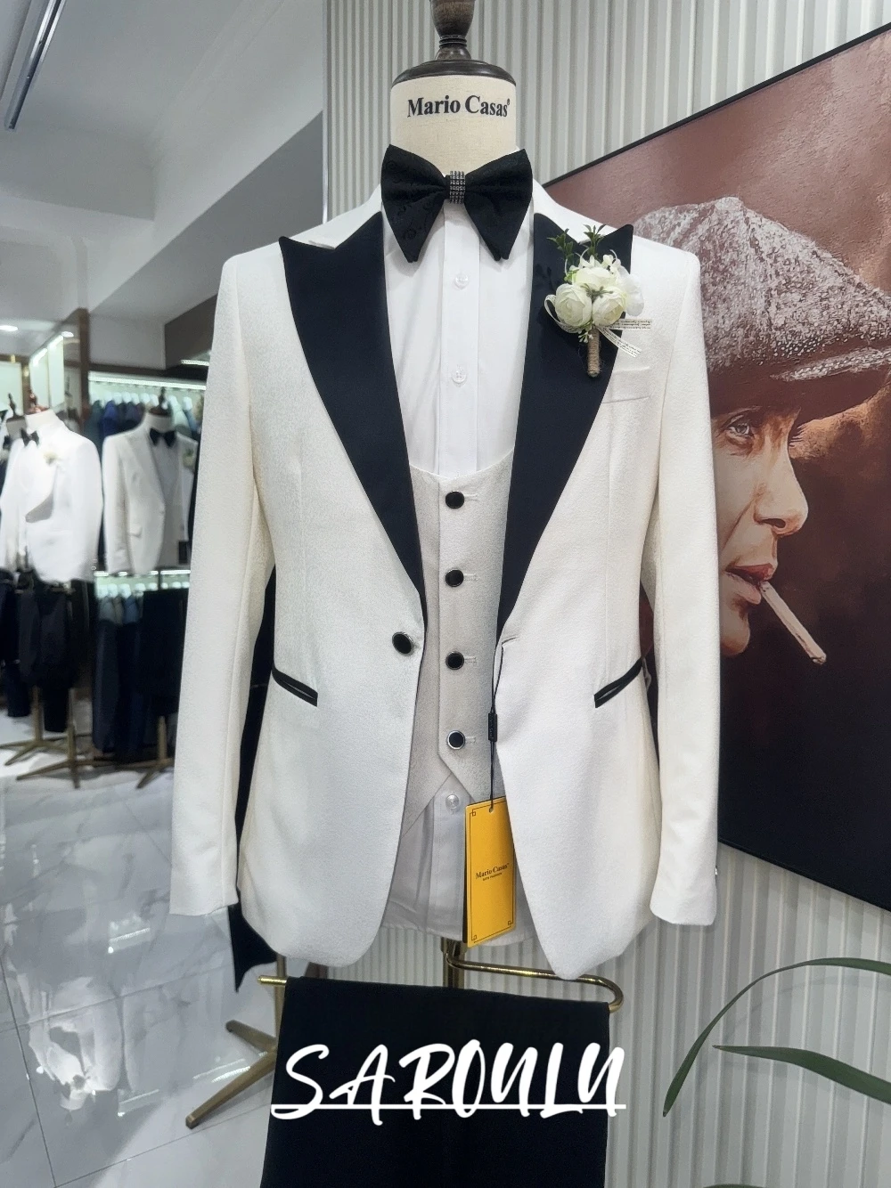 

Men's White 3 Pieces Tuxedo With Black Lapel, Elegant Single Breasted Suit, Formal Party Dinner Outfit, High Quality Groom Wear