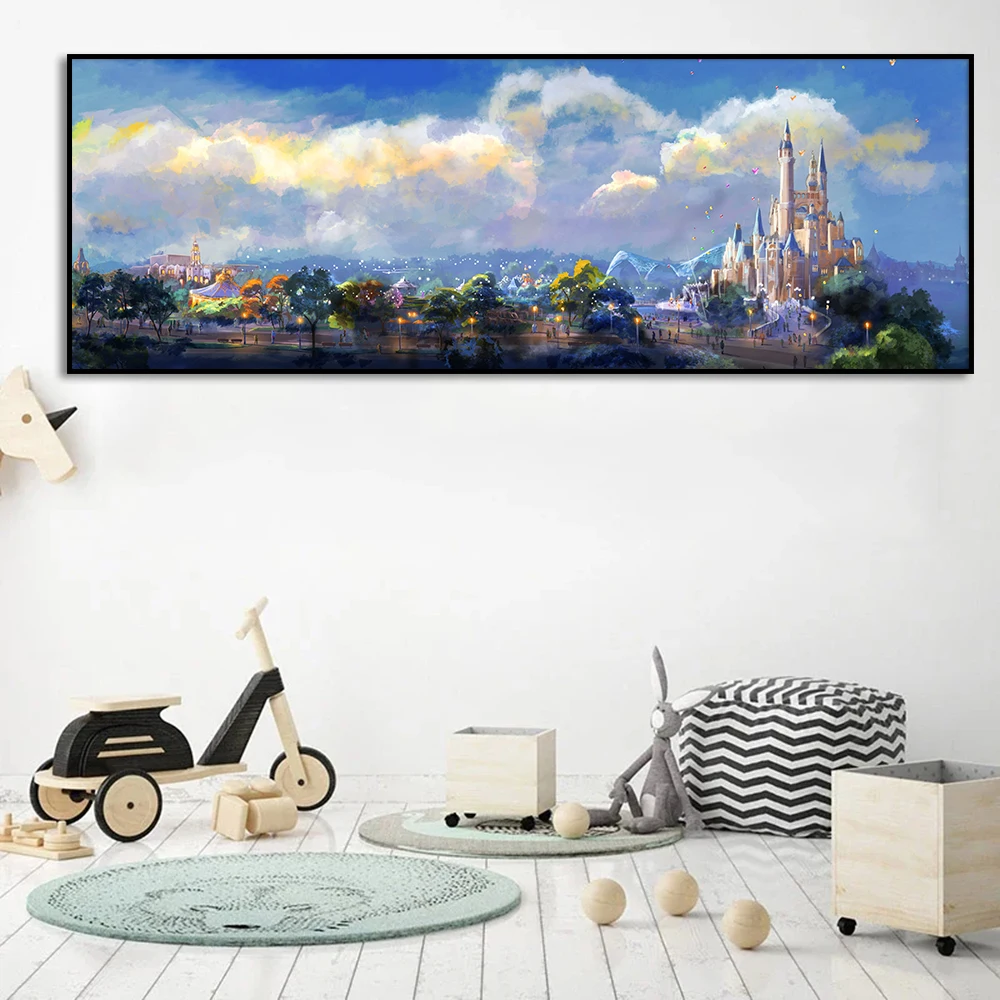 Disneyland Landscape Painting, Cartoon Art Poster, Canvas Print, Fairy Castle Picture, Living Room Kids Home, Wall Decor Cuadros