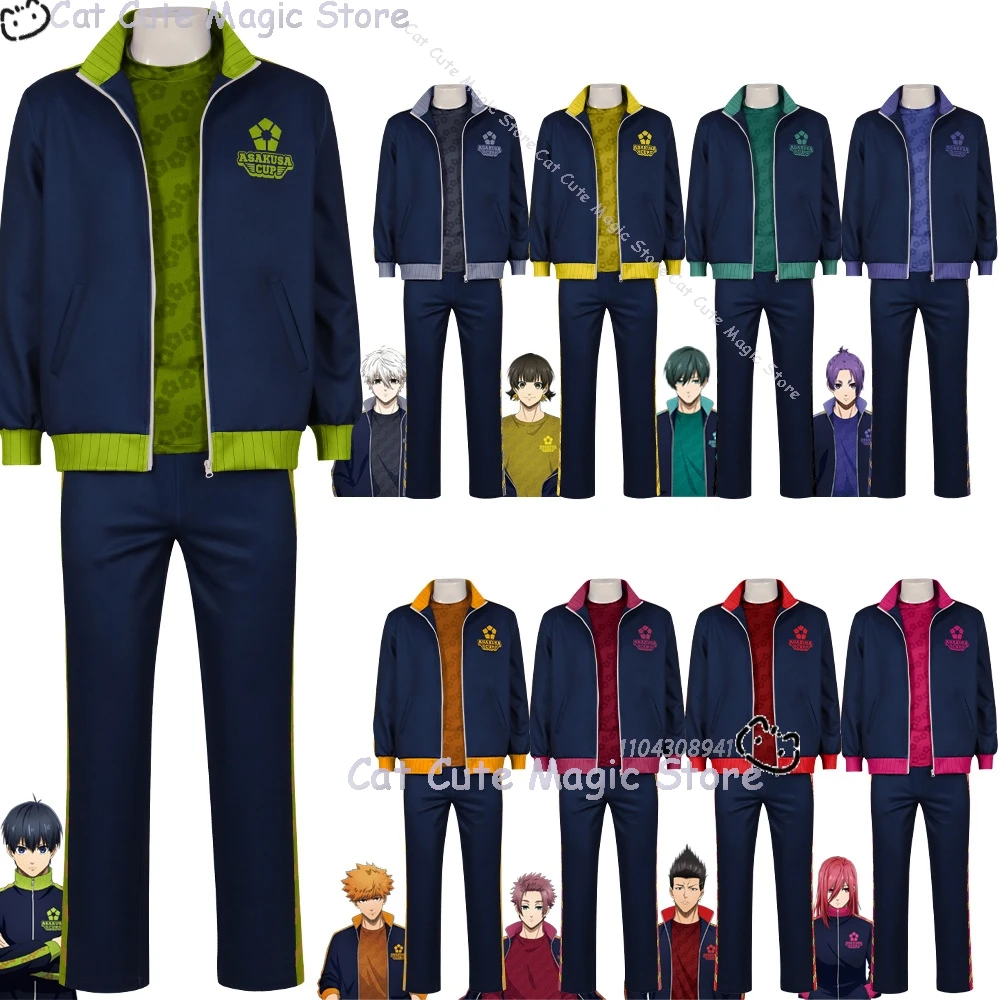 Azul bloqueio yoichi isagi cosplay traje meguru bachira seishiro nagi reo mikage cosplay casaco calça roupas esportivas futebol jogar