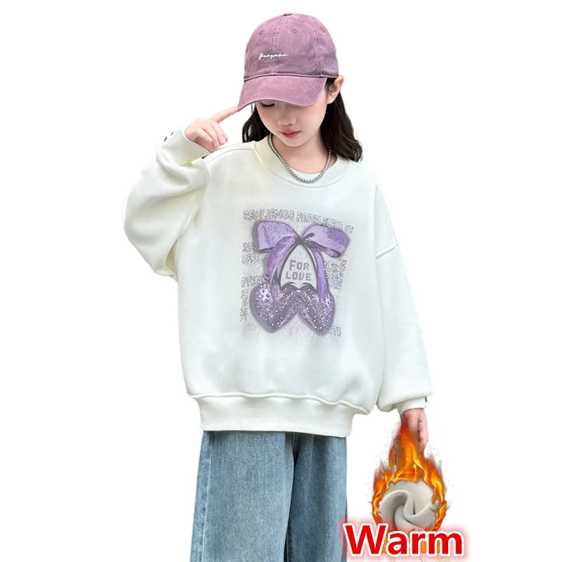 Teenage Girls Winter Warm Thermal Sweatshirts With Crystal Bow Kids Fashion School Thick Insulated Tee Tops Outerwear For Child