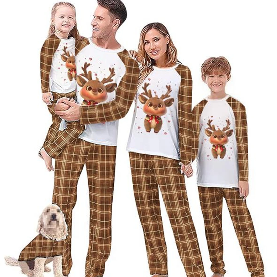 

Family Matching Christmas Pajamas Set Plaid and Reindeer Print Holiday Pajamas Sleepwear Dad Mom Kids PJs