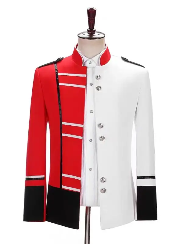 الرجال الأحمر والأبيض كتلة العسكرية اللباس الرسمي المحكمة الملكي المرحلة أزياء مسرحية ملهى ليلي المضيف المغني DJ Dancewear #1
