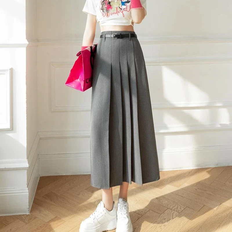 

High Waist Suit Skirts Korean Fashion Pleated Female Skirt Women Clothing Office Lady Belt Black Skirt Mid-length A-Line Skirts