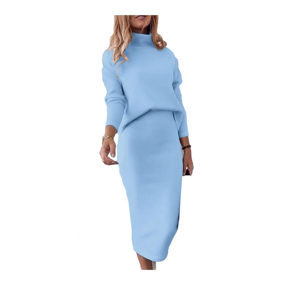 Long-sleeve Skirt Suit Elegant Women\'s High Collar Sweater Skirt Set Solid Color Top Mid-calf Length Skirt Suit Office Commute