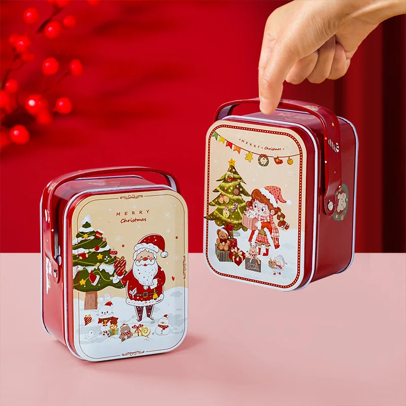 Christmas Tinplate Suitcase Candy Boxes With Handle Handheld Sweets Tins Portable Candies Holders Sugar Storage Container