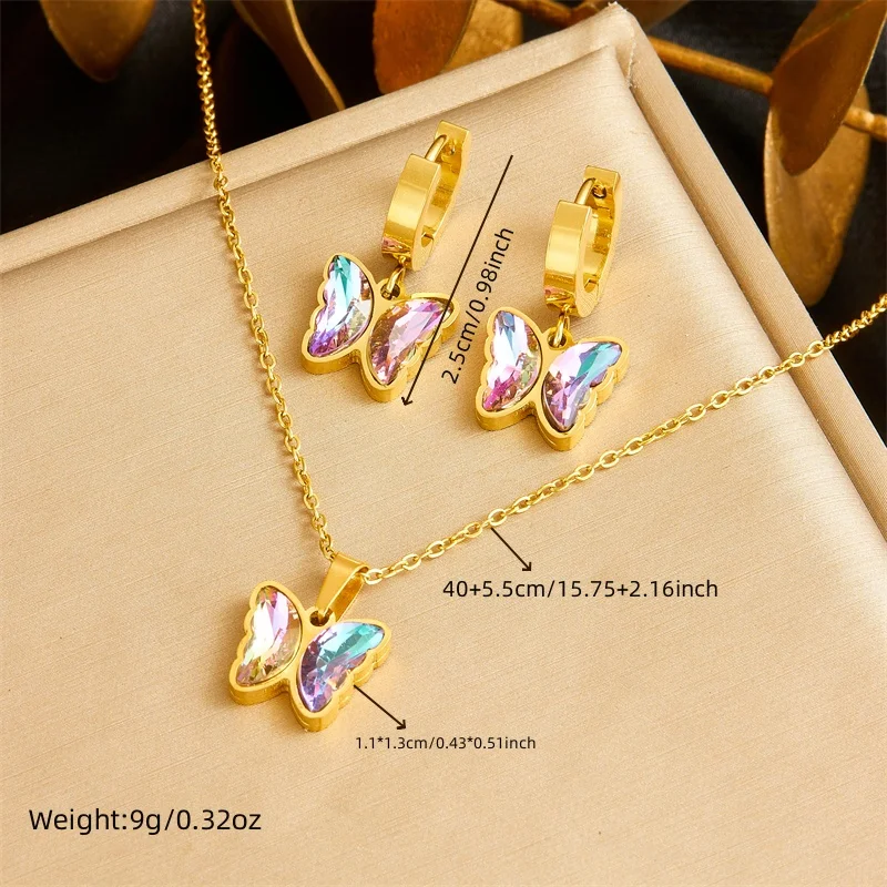 DIEYURO 316L Stainless Steel Colorful Love Butterfly Star Zircon Necklace Earrings Suit Womens New TrendNon-fading jewelry Set