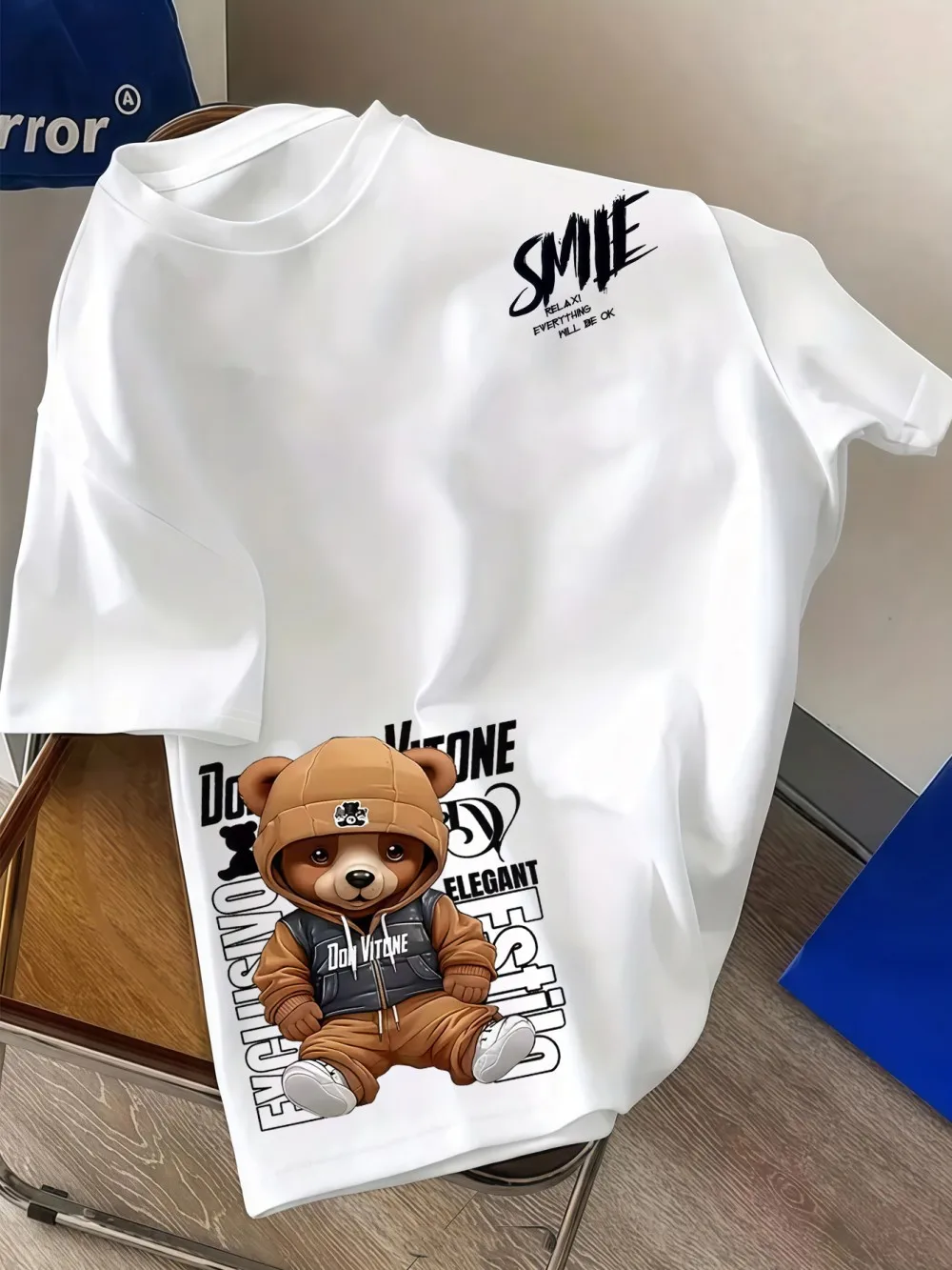Nouveau T-shirt d'été pour hommes, style européen et américain, à col rond, imprimé motif ours et le