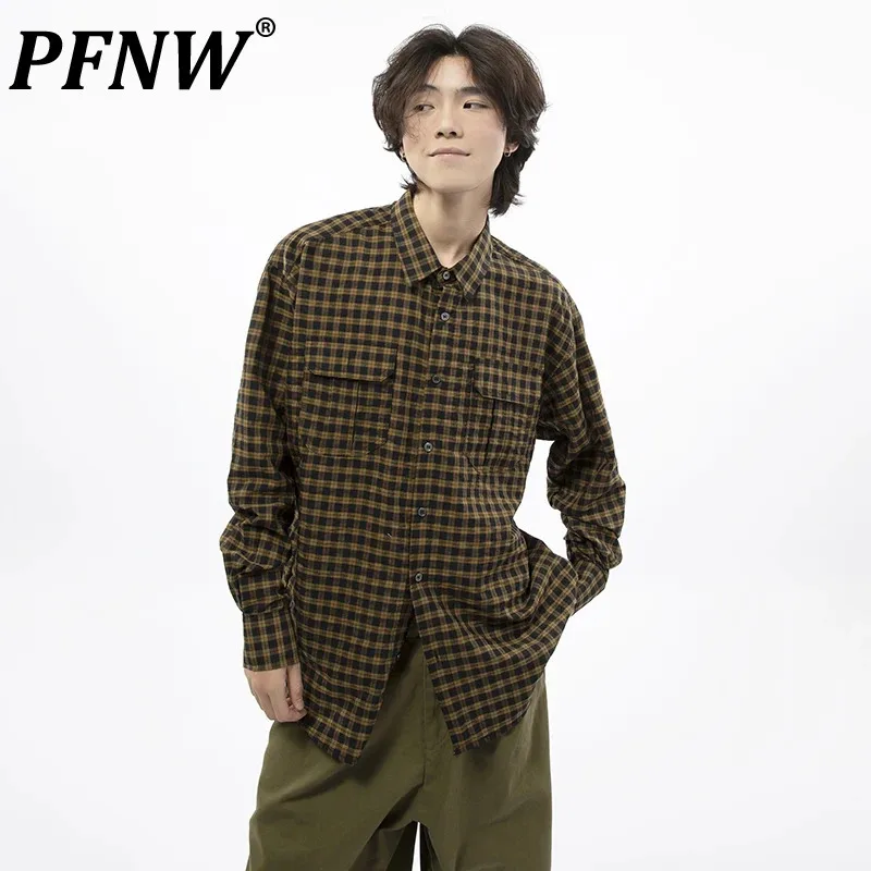 

PFNW Lapel Plaid Design Korean Versatile Male Shirt Simple Style Spliced Pocket Loose Tops Men's Trendy 2024 Autumn New 28W4736