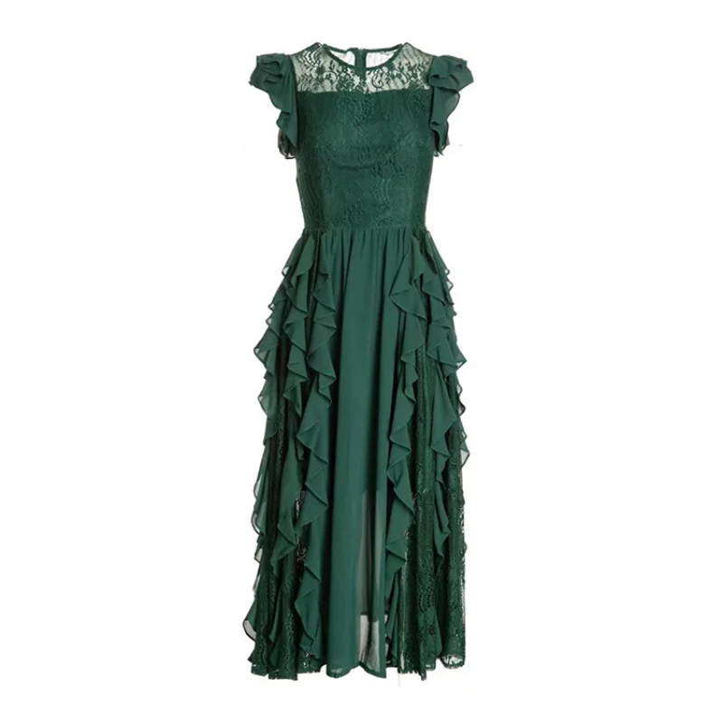 

2025Elegant Fashion French Ruffled Temperament Commute High Waist Mid-Length Women's Clothing Hollow Dress New