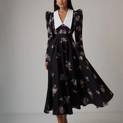 Vintage Women Corset Party Dress Y2K Chic Clothes Baroque French Elegant Long Sleeve Lapel Collar High Waist Floral Print Dress