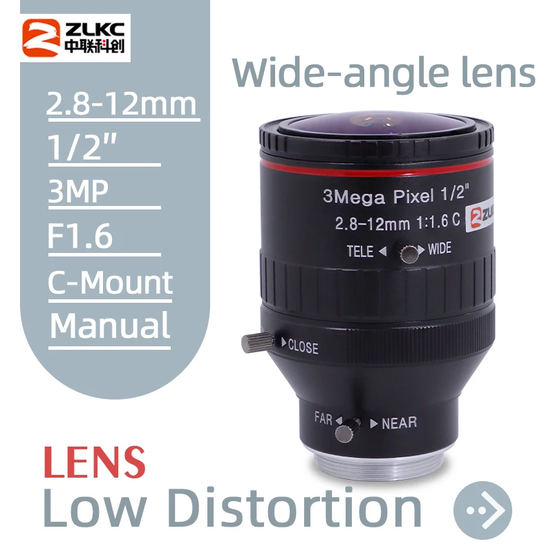 ZLKC 2,8-12 mm szerokokątny obiektyw zmiennoogniskowy C Mount 1/2 cala 3 MP niski poziom zniekształceń F1.6 CCTV 4K obiektyw aparatu zmiennoogniskowy