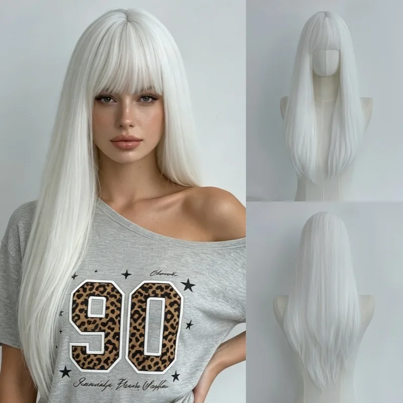 Pure White Air Bangs Long Straight Hair Women'S Wig Outdoor Party Halloween Cosplay Matte Silk Synthetic Wig Headgear