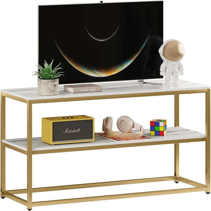 TV Stand for TVs Up To 50 Inch, 3 Tier Entertainment Center, Modern TV Cabinet with Marble Top and Gold Metal Base