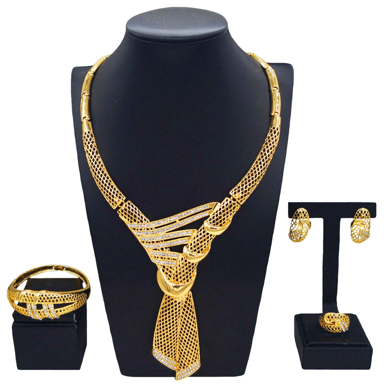 

Yuleili 24K gold-plated diamond jewelry four-piece set hollow mesh design personalized unique charm bracelet earrings upscale