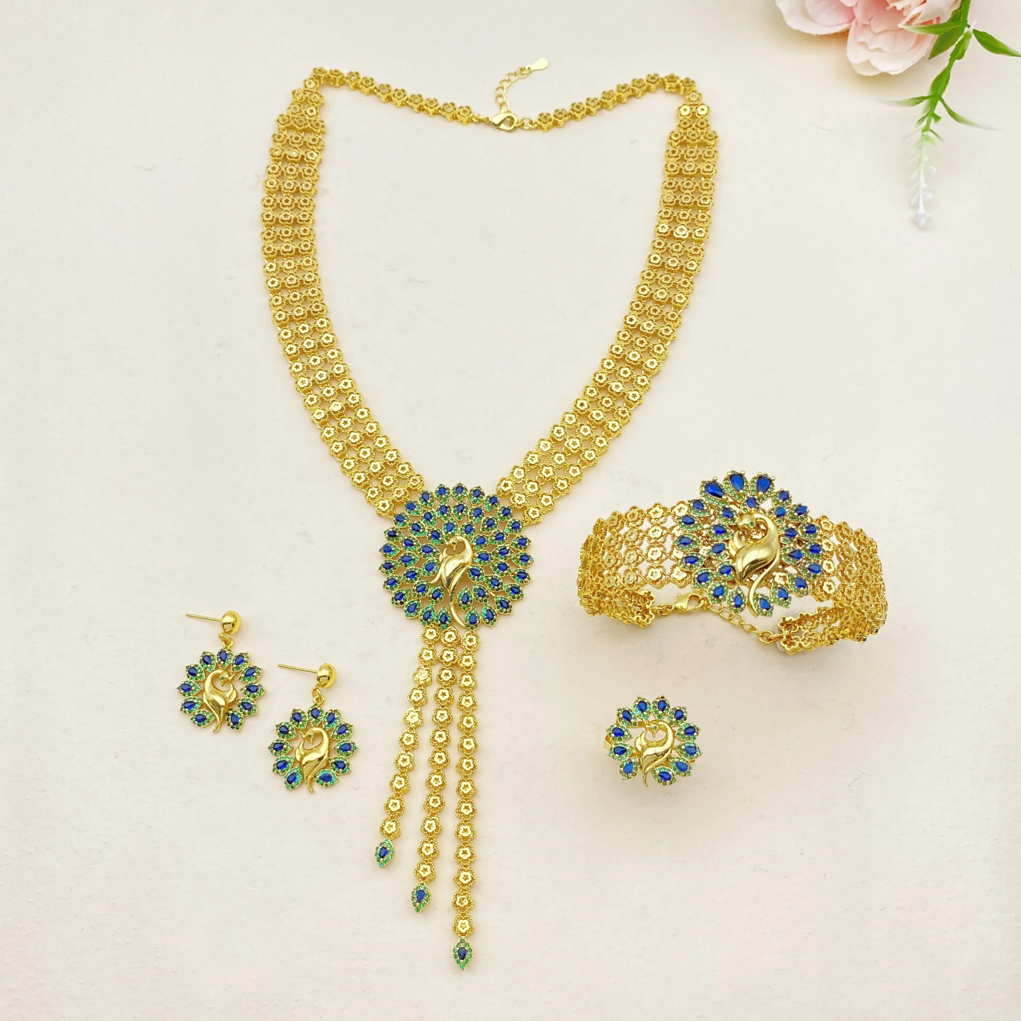 JRH Fashion Peacock Design Women  Jewelry Set for Gold Plated Copper Bracelet Ring Necklace Earrings Exquisite Party Accessory