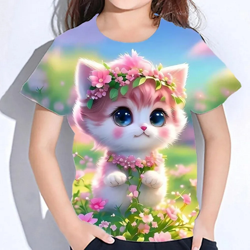 

Cartoon Cats Print Kids Girl T-Shirt Summer Short Sleeve Casual Cute Children's Clothing Girl Clothes 2 to 8 Years O-Neck Tops