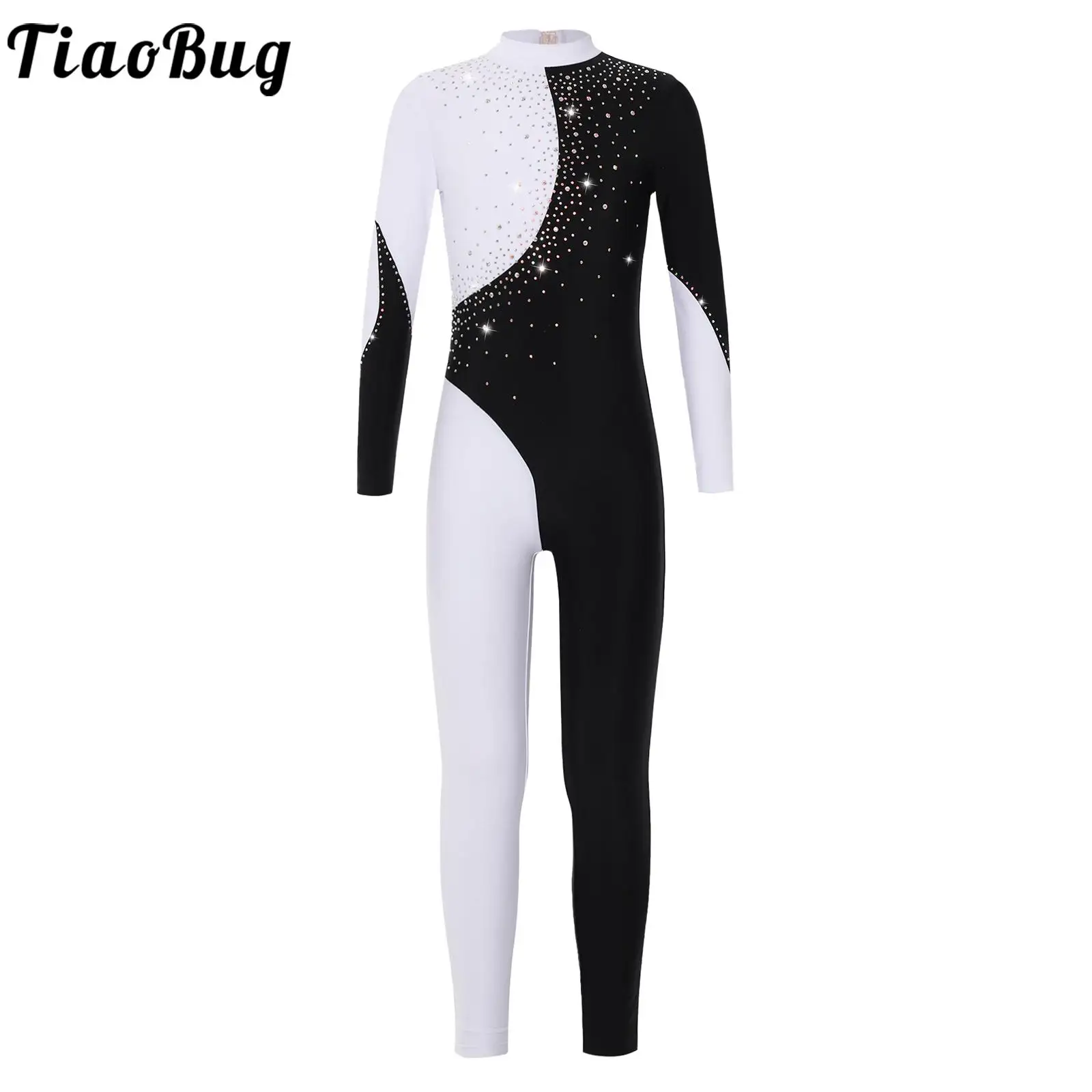 Gymnastics Full Body Jumpsuit Kids Girls Long Sleeve Sports Body Ballet Suit Rhinestone Jersey Backless Performance Dancewear