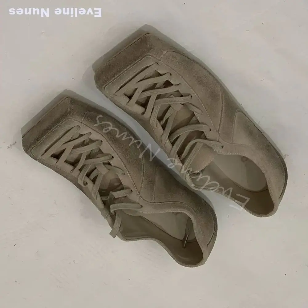 Beige Suede Square Toe Retro Sneakers Men Soft Flat Sole Lace‑Up Minimalist Casual Shoes New Versatile Daily Walking Derby Shoes