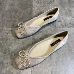 Shoes for Women Solid Color Bowknot Pearls Square Head Large Size 43 44 45 46 Slip on Casual Shoes for Lady Black Flats for Girl