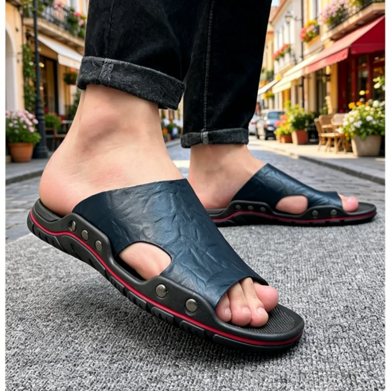 Summer Men's Sandals Cowhide Classic Men's Slippers Black Soft Slippers Plus Size Slippers lightweight Non-Slip Men's Sandals 48