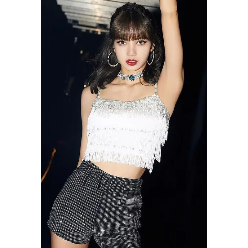 

Lisa Kpop наряд корейской знаменитости новый сексуальный жилет без рукавов с кисточками топы тонкие шорты с высокой талией блестящие женские DS DJ Rave одежда