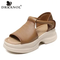 DRKANOL 2026 Summer Shoes Women Thick Heel Sandals New Design Hook&Loop Genuine Leather Open Toe Casual Platform Sandals Ladies