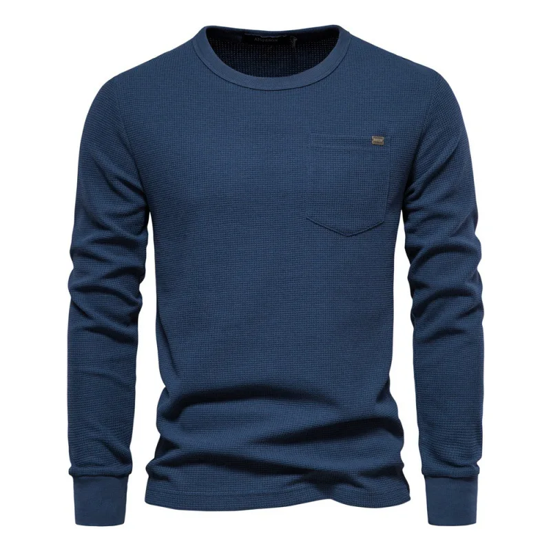 Waffle Cotton Solid High Quality ColorFor Men Single Pocket Long Sleeve Men T-Shirts New Autumn Basic Breathable Tops