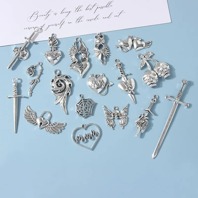 

10pcs Mixed Alloy Antique Hollow Heart Skull Love Wing Sword Charms For Jewelry Making DIY Handmade Animal Halloween Pendant