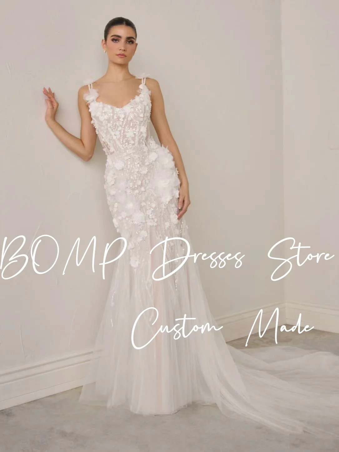 BOMP Exquisite 3D Flowers Mermaid Wedding Party Dress V-Neck Straps Sweep Train Bridal Gown Customized Vestidos De Novia New