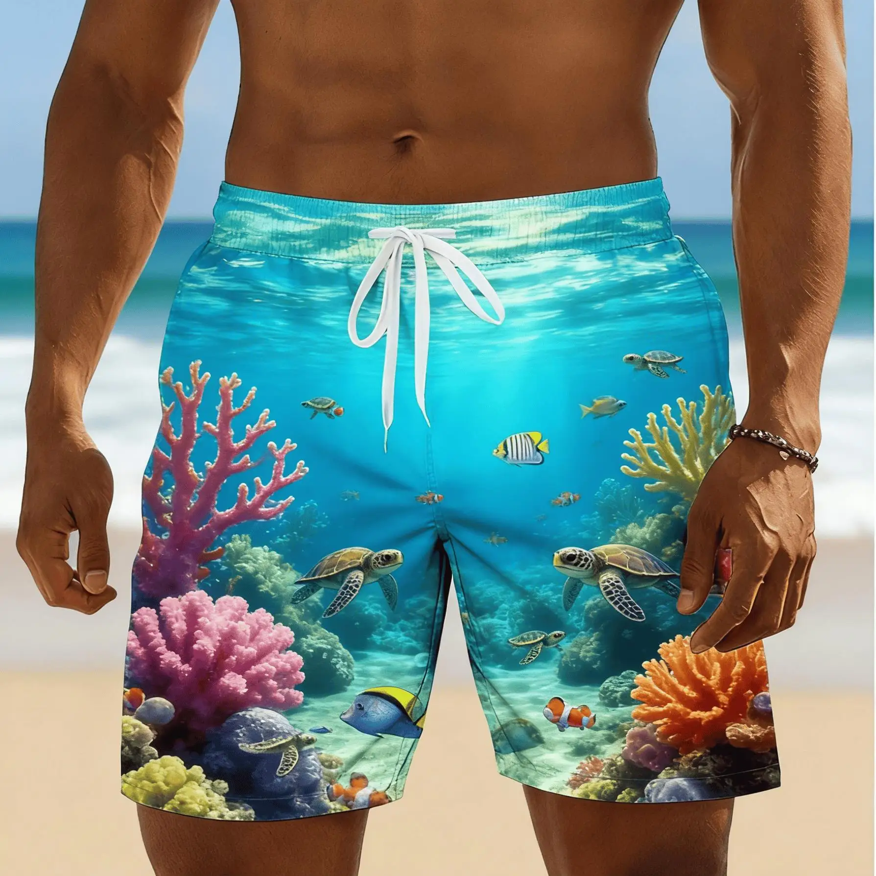 Men's Ocean Style Sea Turtle & Coral Print Beach Shorts, Breathable Spring Summer Casual Vacation Trunks