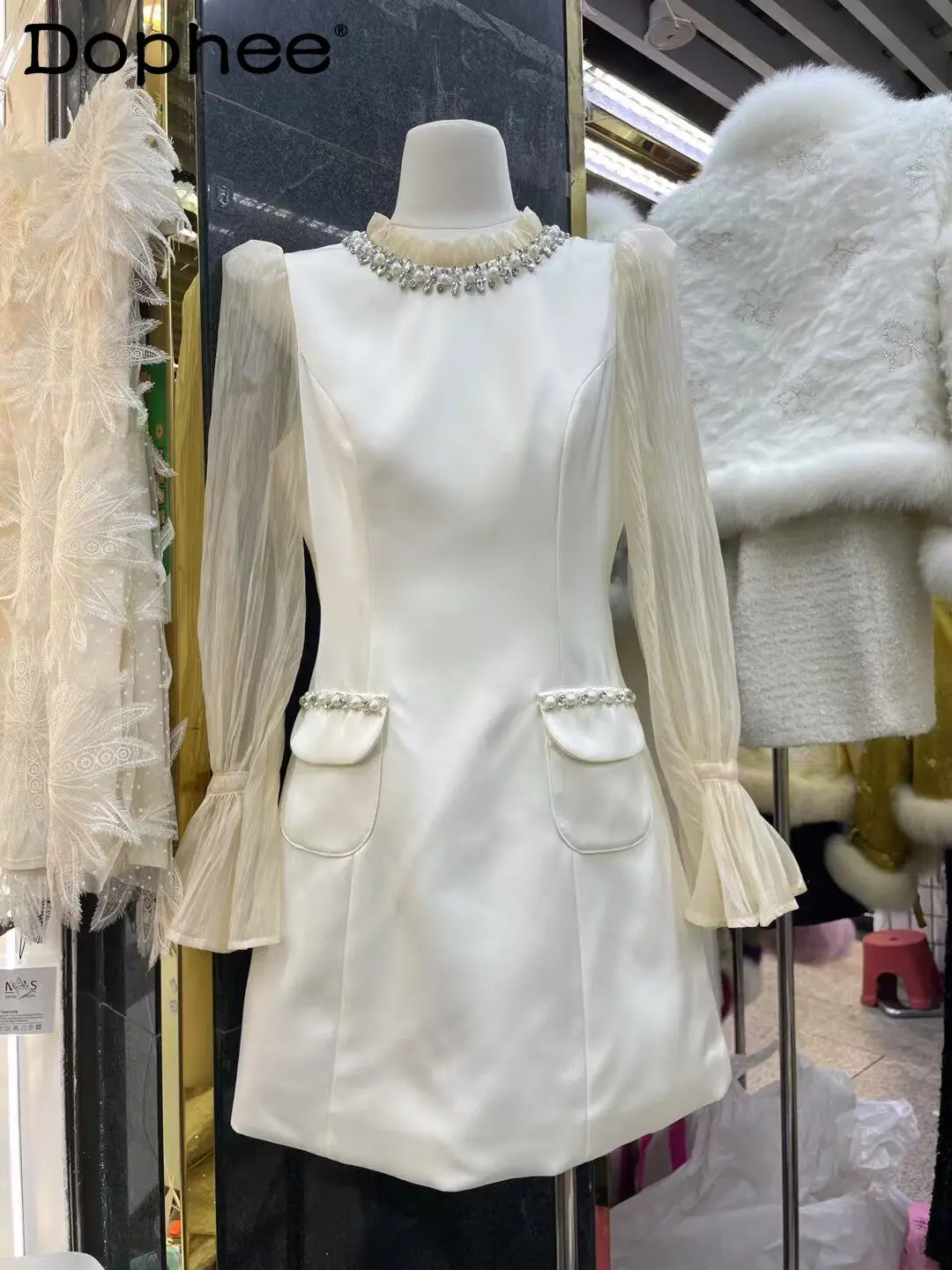 

Elegant Lady Temperament Diamond-encrusted Long-sleeved Dress Women's 2026 New Round Neck Waist Thin Light Luxury Short Dress