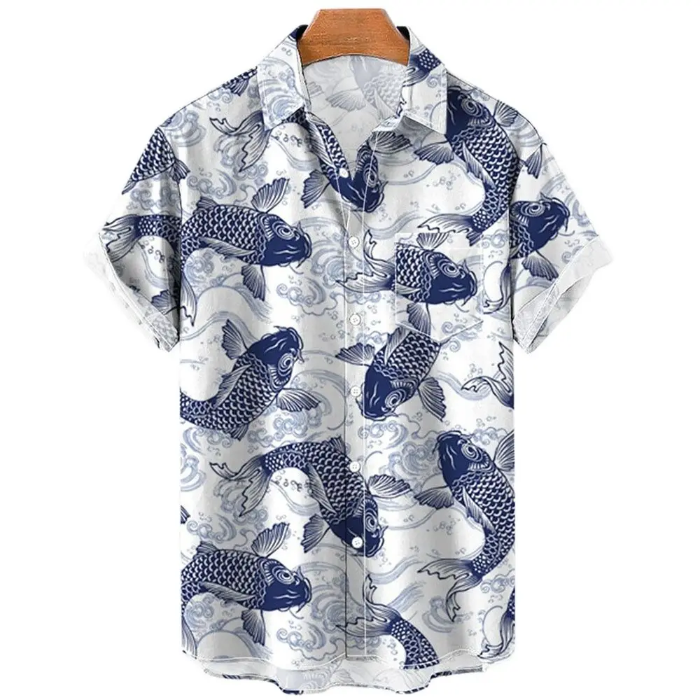 Koi Gedrukt Zomer Shirts Mannen Button-Up Lucky Hawaiian Strand Shirts Harajuku Mode Oversized Unisex Kleding