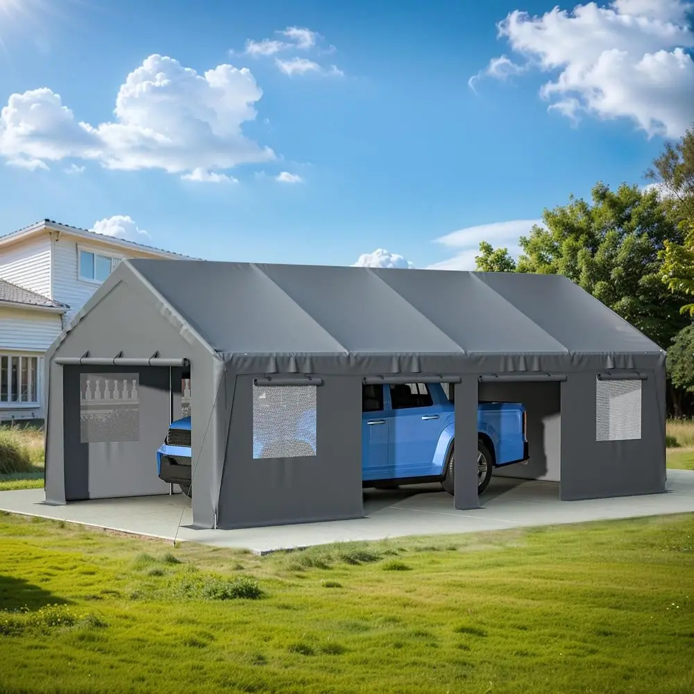 

25x13ft Heavy Duty Canopy Storage Shed, Extra Large Portable Garage with 4 Roll-up Doors & 4 Windows and All-Season Tarp Cover U