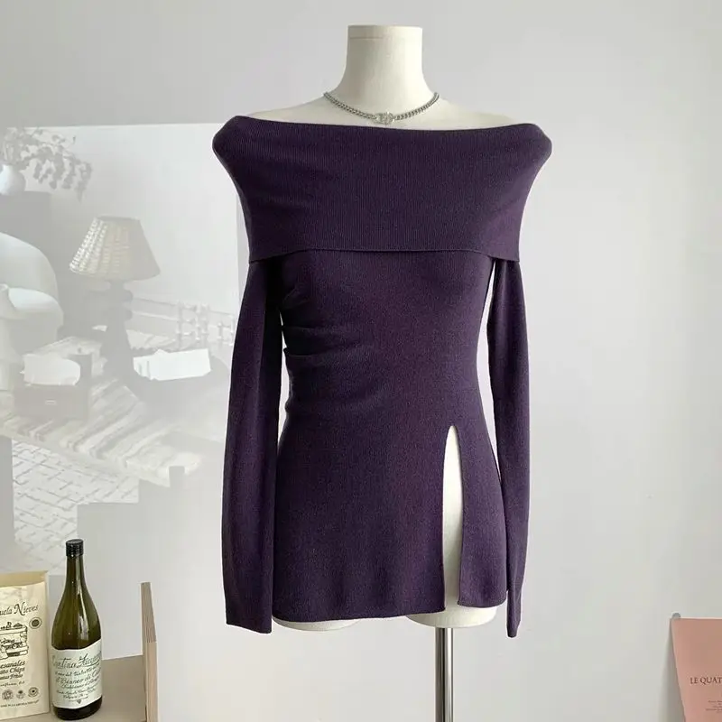 

Французский женский свитер с разрезом на одно плечо и длинными рукавами, облегающий низ, топ