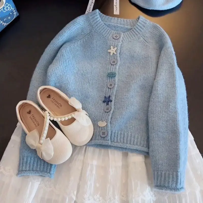 

Autumn and Winter Girls Blue Sweater Cardigan Single Breasted Cardigan Jacket for Children for 4-16Y