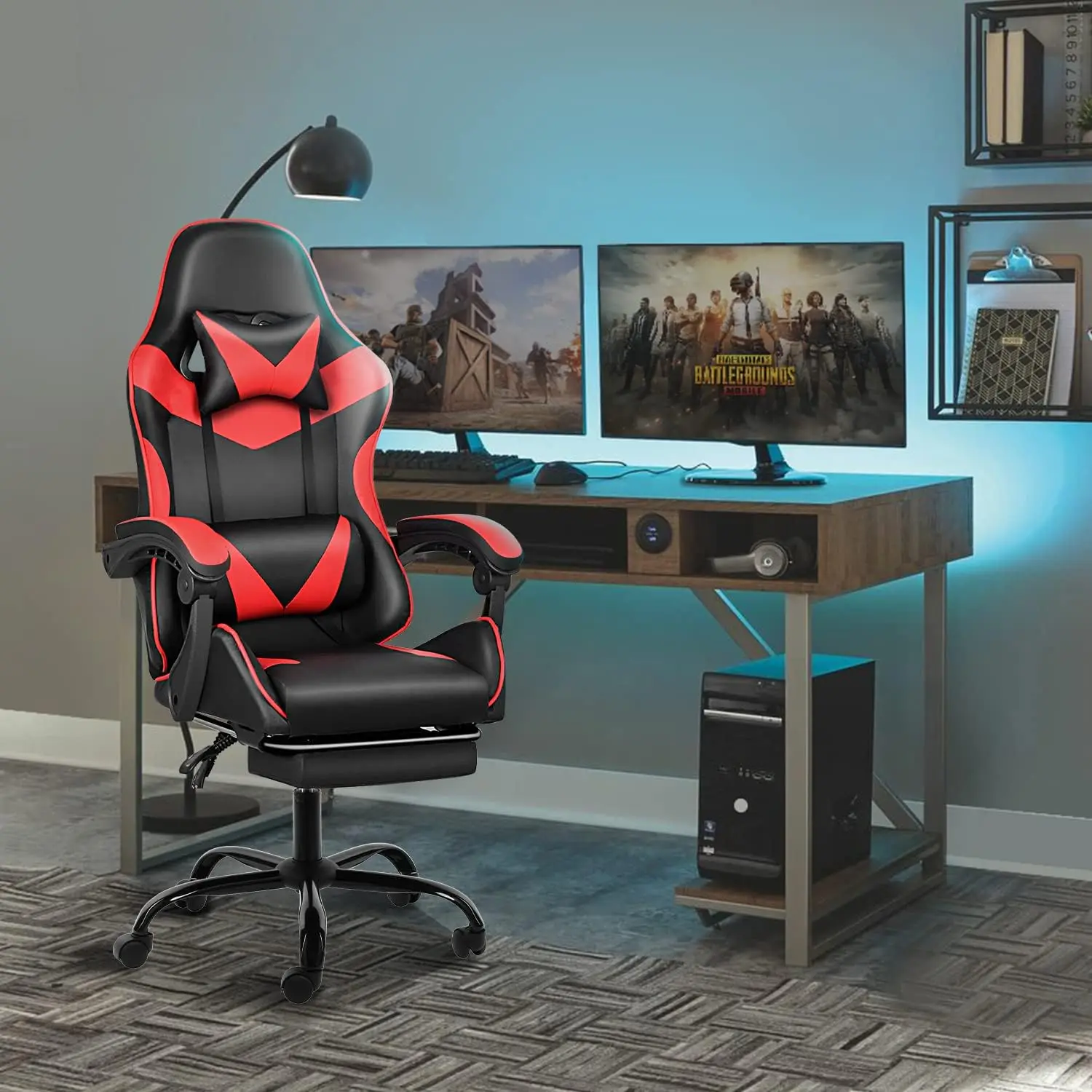 Silla reclinable giratoria y ergonómica para videojuegos, asiento con respaldo y altura ajustable para ordenador de oficina y carreras, color rojo y negro